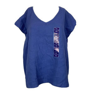 NWT Three Dots Shirt‎ Womens Sz XXL 2XL Blue Gauze V-Neck Cap Sleeve Top Cool